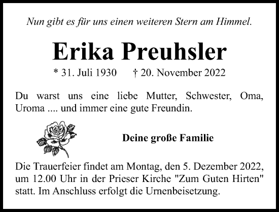 Traueranzeige von Erika Preuhsler von Kieler Nachrichten