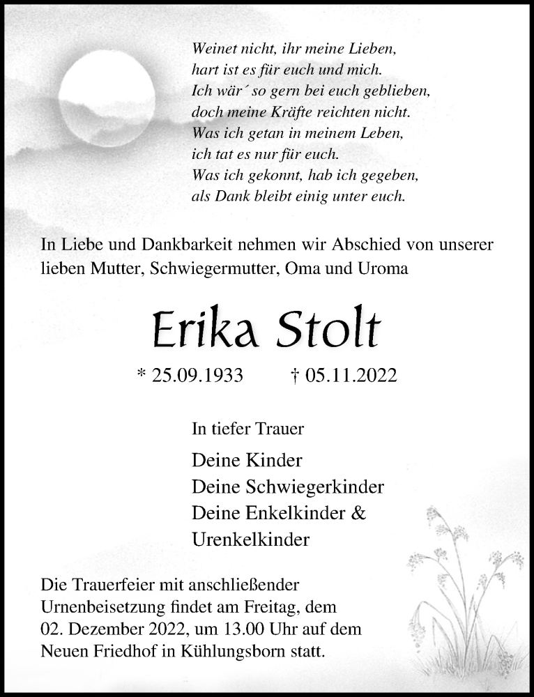  Traueranzeige für Erika Stolt vom 12.11.2022 aus Ostsee-Zeitung GmbH
