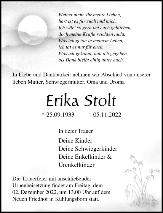 Traueranzeige von Erika Stolt von Ostsee-Zeitung GmbH