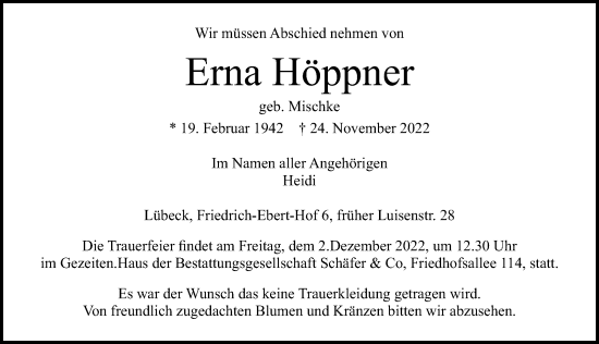 Traueranzeige von Erna Höppner von Lübecker Nachrichten