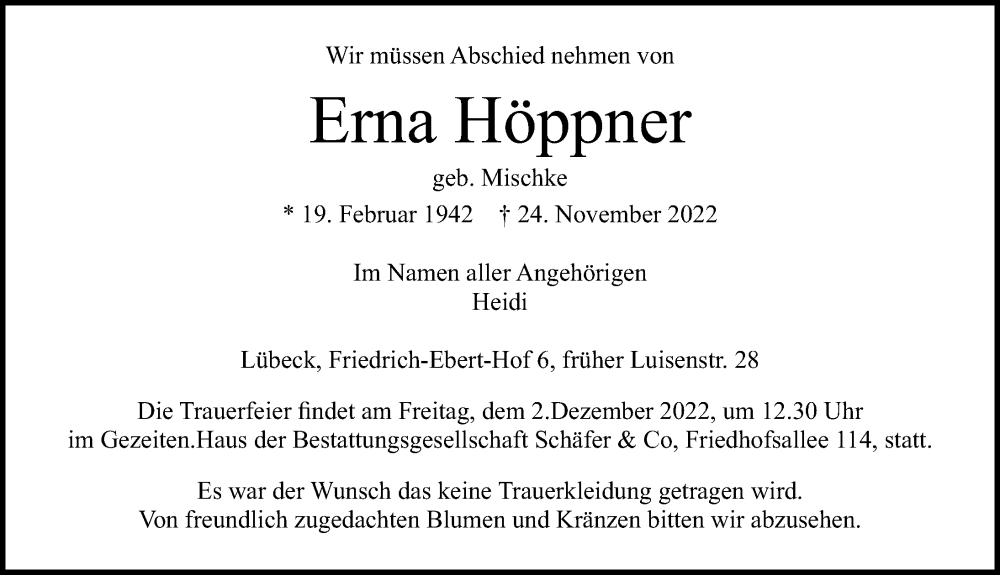  Traueranzeige für Erna Höppner vom 27.11.2022 aus Lübecker Nachrichten