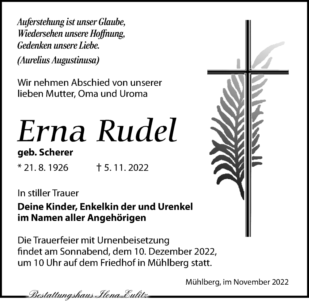  Traueranzeige für Erna Rudel vom 12.11.2022 aus Torgauer Zeitung