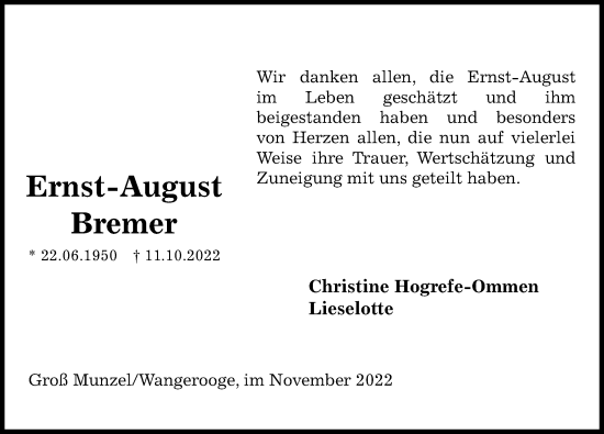 Traueranzeige von Ernst-August Bremer von Hannoversche Allgemeine Zeitung/Neue Presse