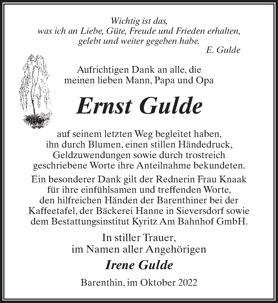  Traueranzeige für Ernst Gulde vom 12.11.2022 aus Märkischen Allgemeine Zeitung