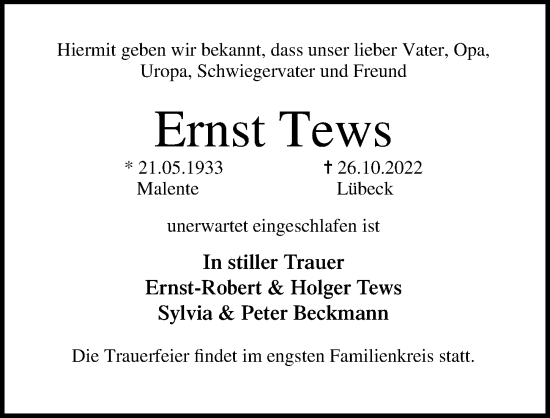 Traueranzeige von Ernst Tews von Lübecker Nachrichten