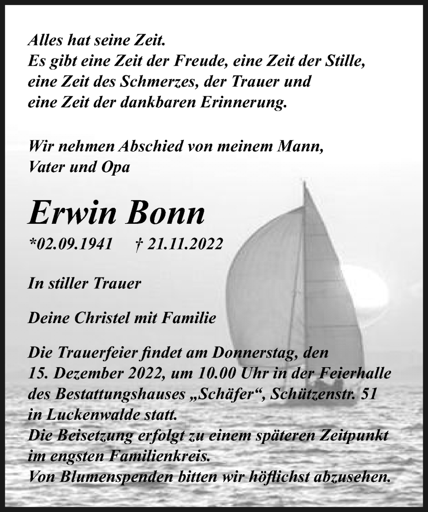  Traueranzeige für Erwin Bonn vom 26.11.2022 aus Märkischen Allgemeine Zeitung