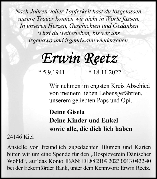 Traueranzeige von Erwin Reetz von Kieler Nachrichten