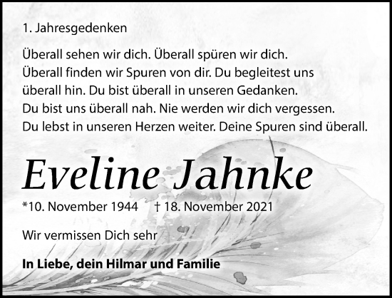 Traueranzeige von Eveline Jahnke von Leipziger Volkszeitung