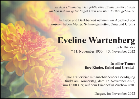 Traueranzeige von Eveline Wartenberg von Ostsee-Zeitung GmbH