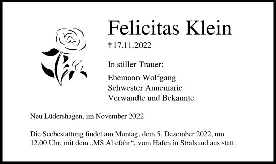 Traueranzeige von Felicitas Klein von Ostsee-Zeitung GmbH