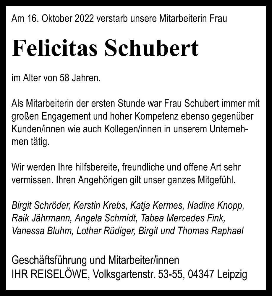  Traueranzeige für Felicitas Schubert vom 05.11.2022 aus Leipziger Volkszeitung