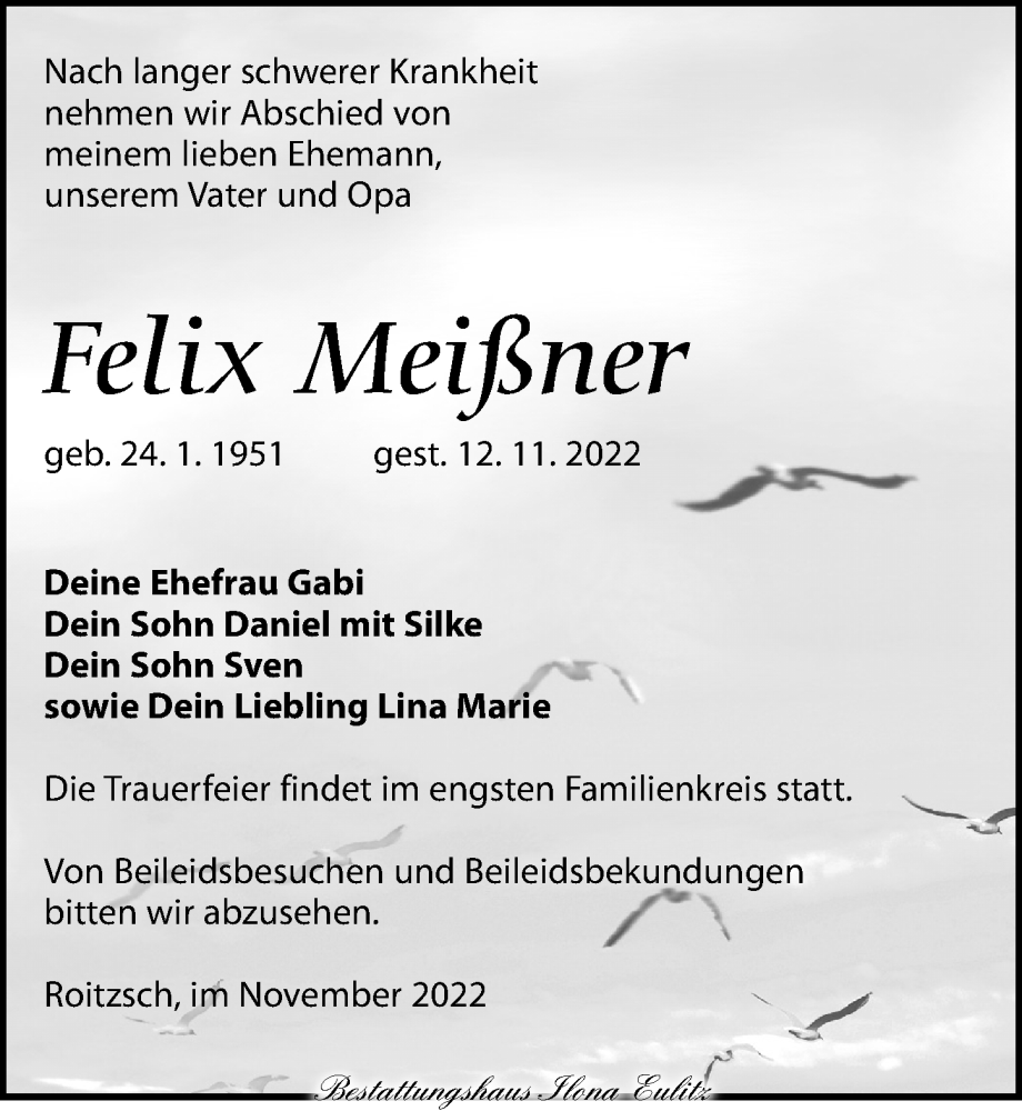  Traueranzeige für Felix Meißner vom 19.11.2022 aus Torgauer Zeitung