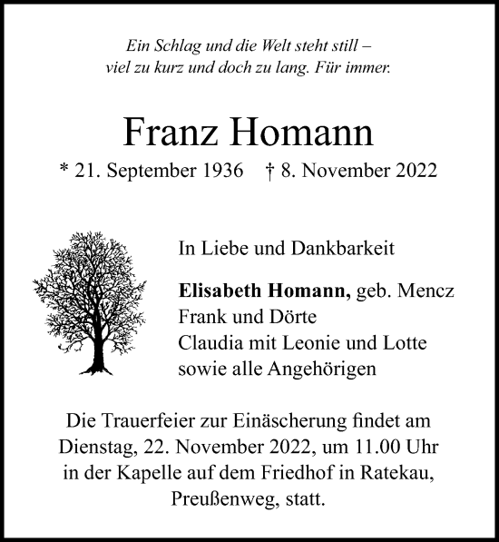 Traueranzeige von Franz Homann von Lübecker Nachrichten