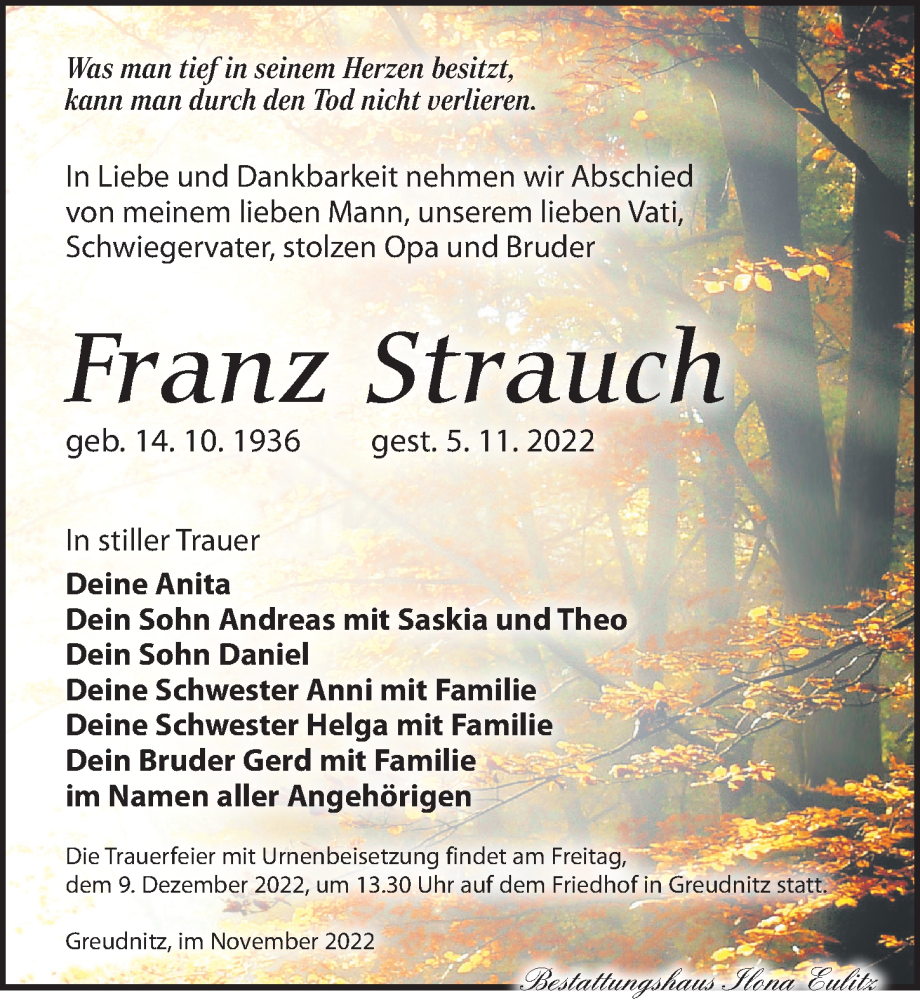  Traueranzeige für Franz Strauch vom 12.11.2022 aus Torgauer Zeitung