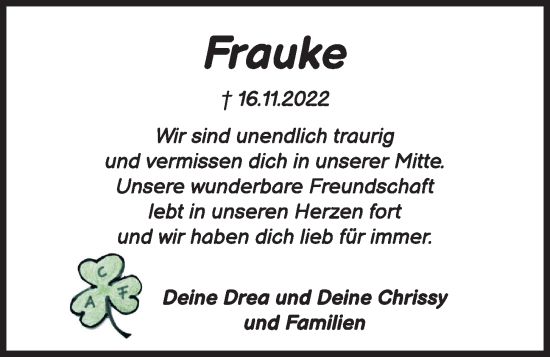 Traueranzeige von Frauke  von Kieler Nachrichten