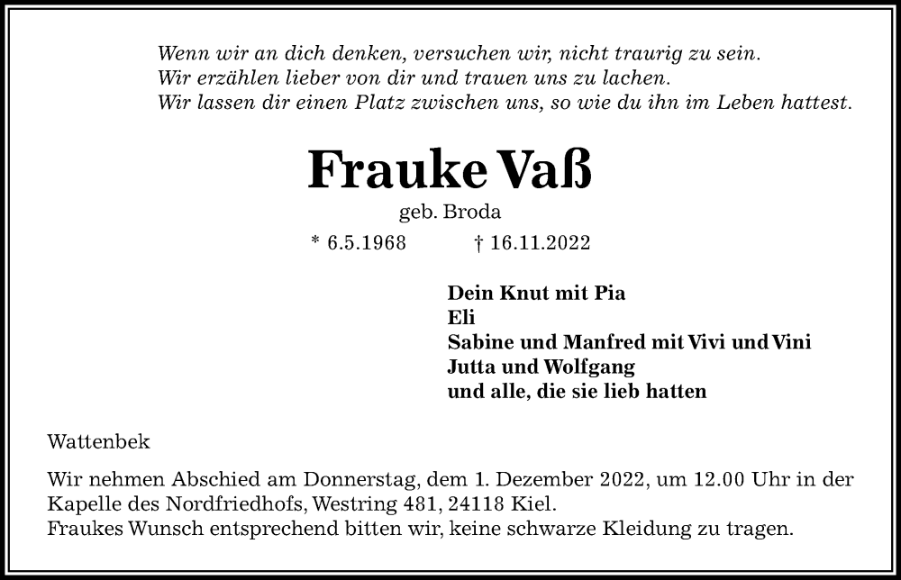  Traueranzeige für Frauke Vaß vom 26.11.2022 aus Kieler Nachrichten