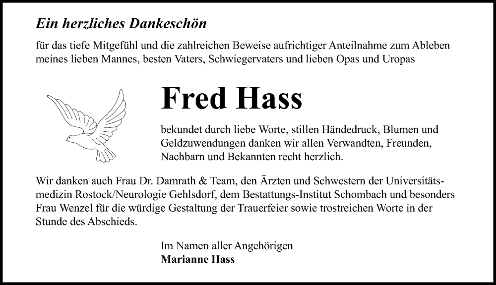  Traueranzeige für Fred Hass vom 26.11.2022 aus Ostsee-Zeitung GmbH