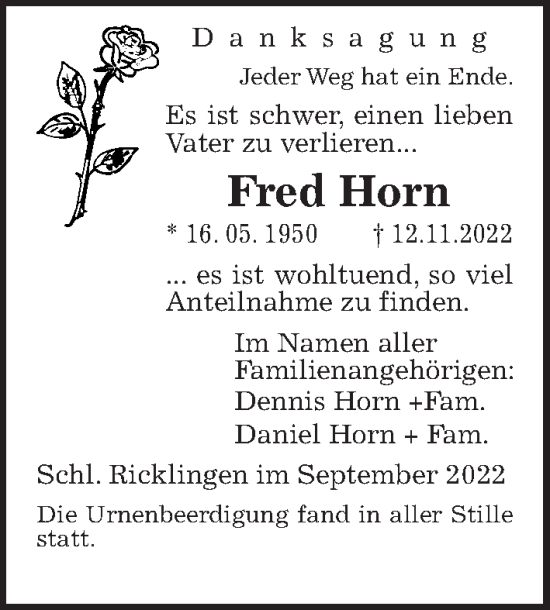 Traueranzeige von Fred Horn von Hannoversche Allgemeine Zeitung/Neue Presse