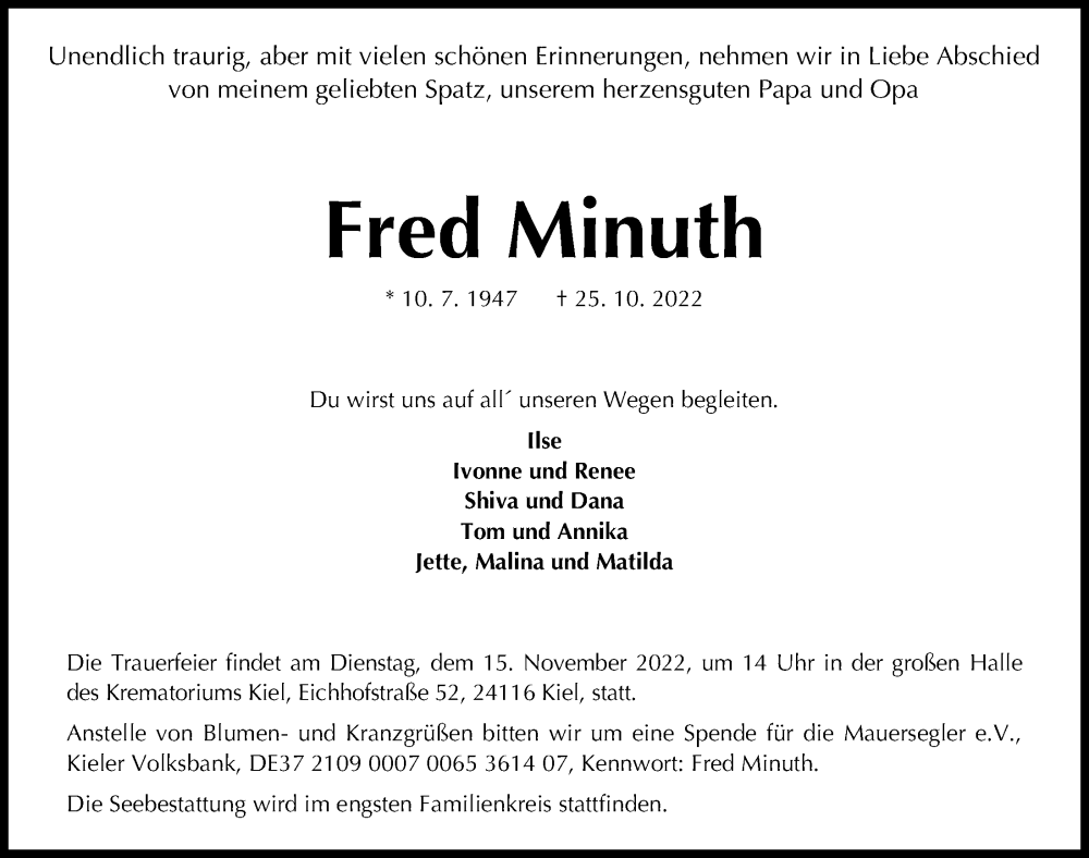  Traueranzeige für Fred Minuth vom 12.11.2022 aus Kieler Nachrichten