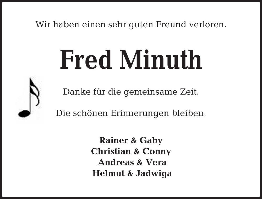  Traueranzeige für Fred Minuth vom 12.11.2022 aus Kieler Nachrichten