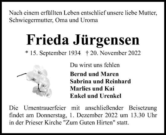 Traueranzeige von Frieda Jürgensen von Kieler Nachrichten