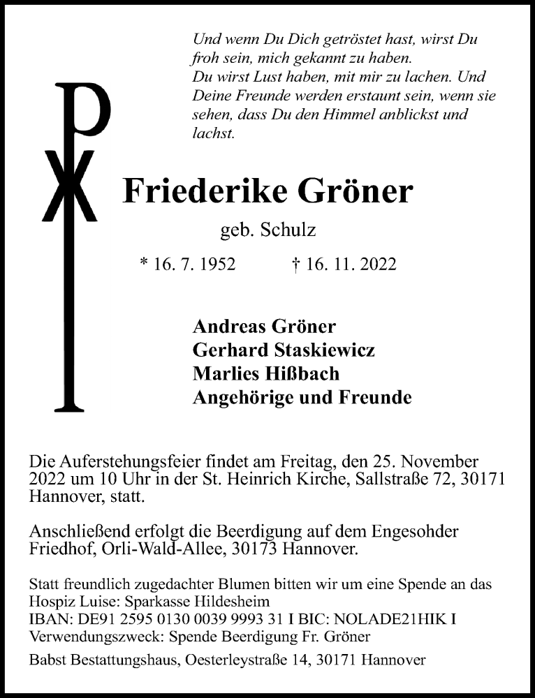  Traueranzeige für Friederike Gröner vom 19.11.2022 aus Hannoversche Allgemeine Zeitung/Neue Presse