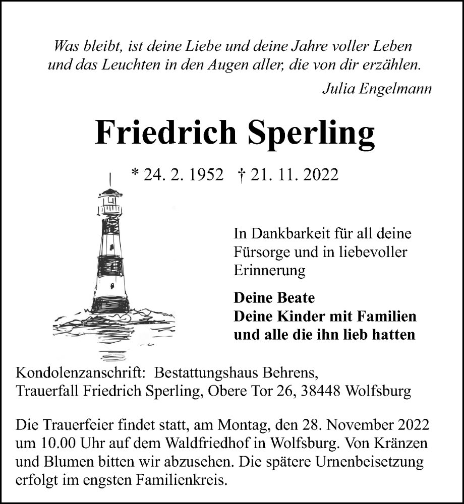  Traueranzeige für Friedrich Sperling vom 23.11.2022 aus Aller Zeitung