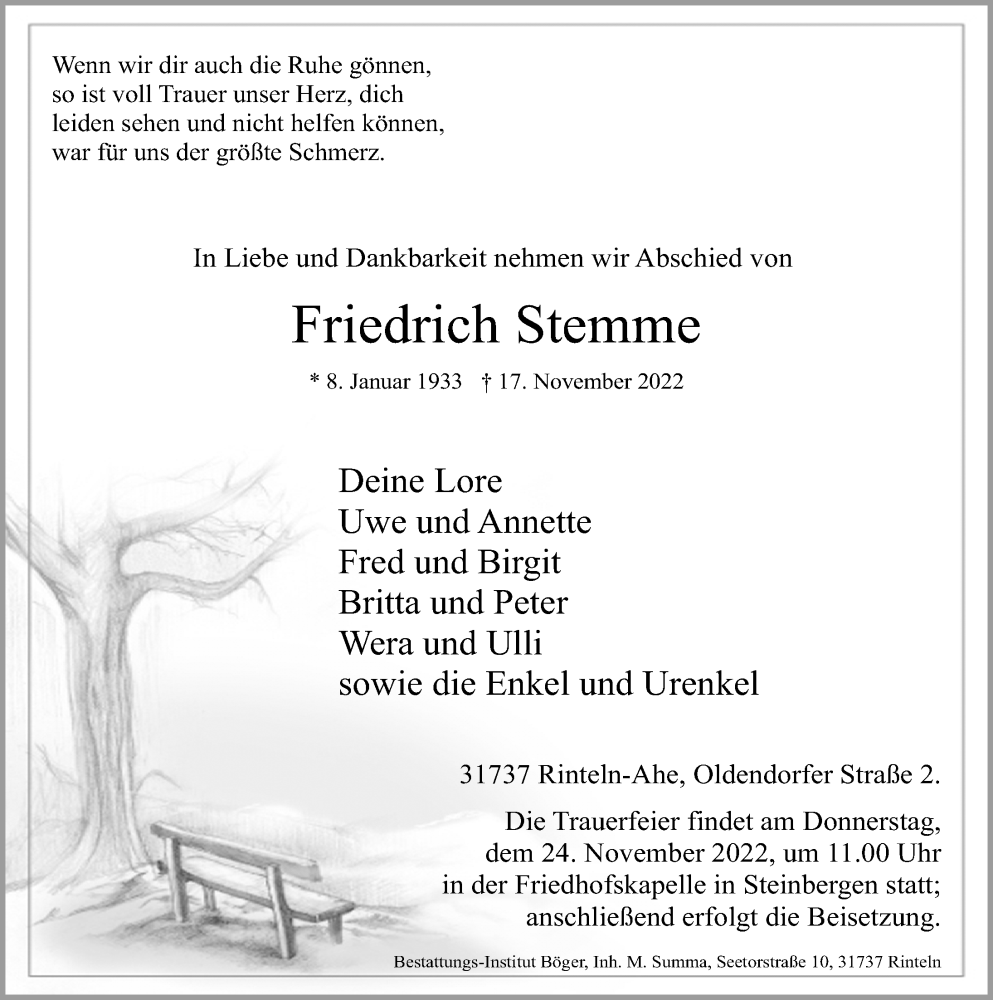  Traueranzeige für Friedrich Stemme vom 19.11.2022 aus Schaumburger Nachrichten