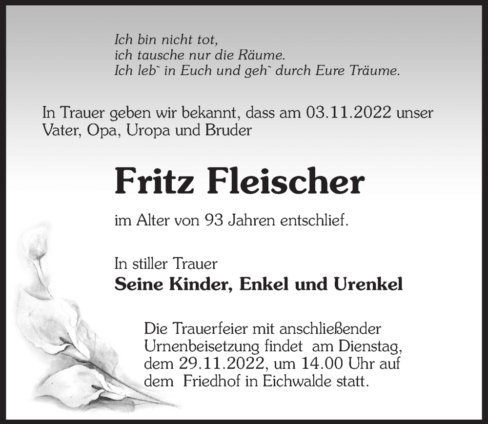  Traueranzeige für Fritz Fleischer vom 12.11.2022 aus Märkischen Allgemeine Zeitung