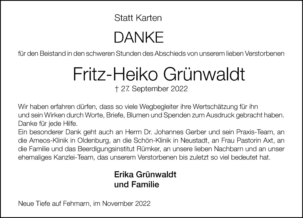  Traueranzeige für Fritz-Heiko Grünwaldt vom 19.11.2022 aus Lübecker Nachrichten