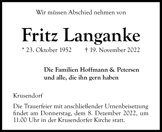 Traueranzeige von Fritz Langanke von Kieler Nachrichten