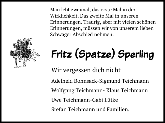 Traueranzeige von Fritz Sperling von Aller Zeitung
