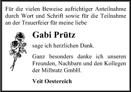 Traueranzeige von Gabi Prütz von Ostsee-Zeitung GmbH