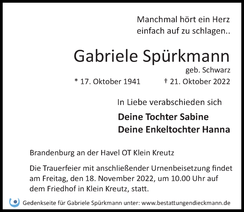  Traueranzeige für Gabriele Spürkmann vom 12.11.2022 aus Märkischen Allgemeine Zeitung