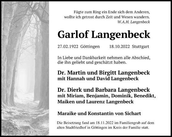 Traueranzeige von Garlof Langenbeck von Göttinger Tageblatt