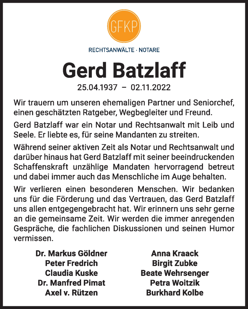  Traueranzeige für Gerd Batzlaff vom 12.11.2022 aus Kieler Nachrichten
