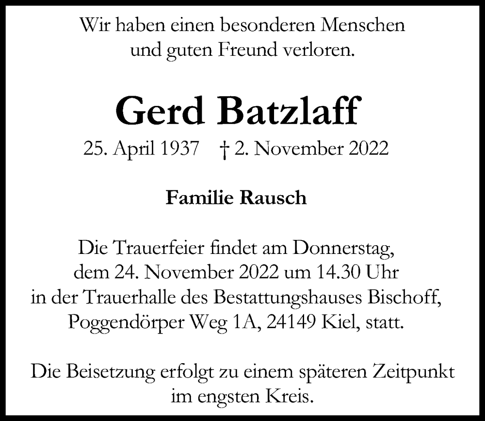  Traueranzeige für Gerd Batzlaff vom 19.11.2022 aus Kieler Nachrichten