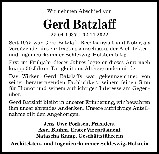 Traueranzeige von Gerd Batzlaff von Kieler Nachrichten