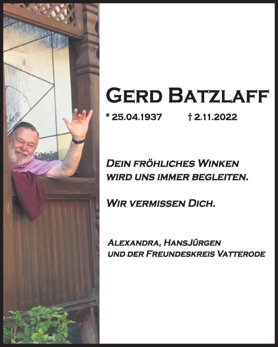 Traueranzeige von Gerd Batzlaff von Kieler Nachrichten