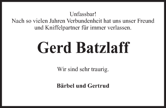 Traueranzeige von Gerd Batzlaff von Kieler Nachrichten