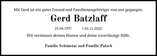 Traueranzeige von Gerd Batzlaff von Kieler Nachrichten