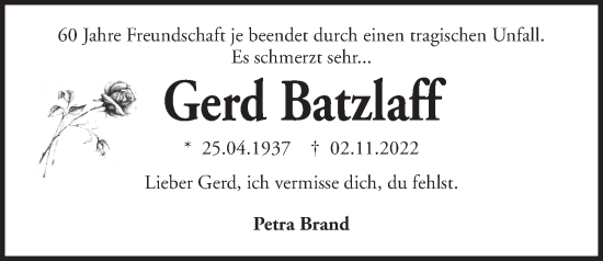 Traueranzeige von Gerd Batzlaff von Kieler Nachrichten