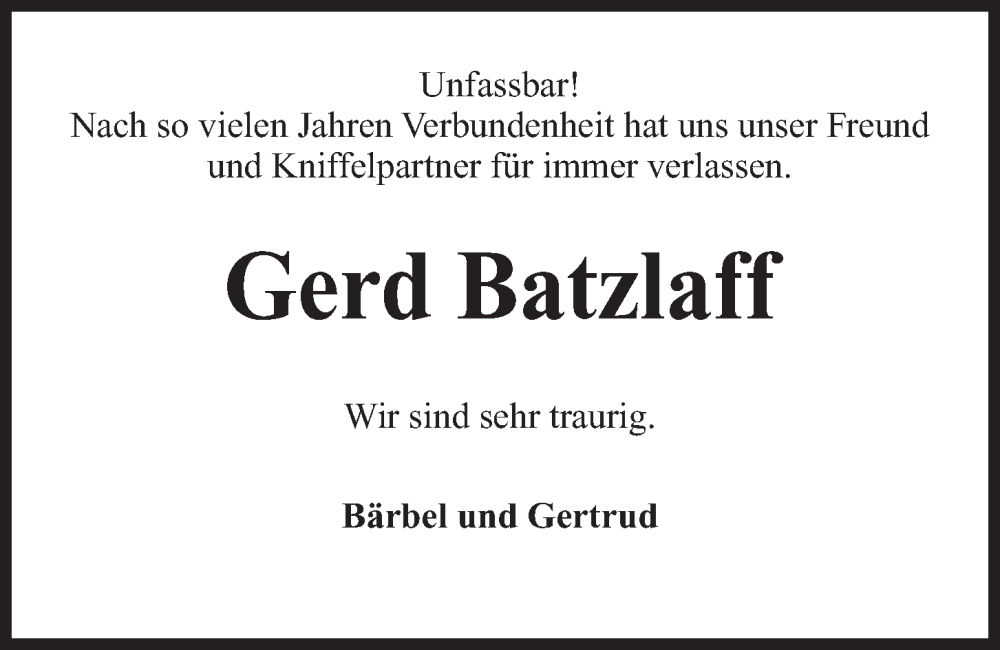  Traueranzeige für Gerd Batzlaff vom 12.11.2022 aus Kieler Nachrichten