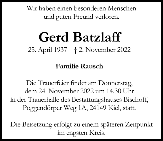 Traueranzeige von Gerd Batzlaff von Kieler Nachrichten