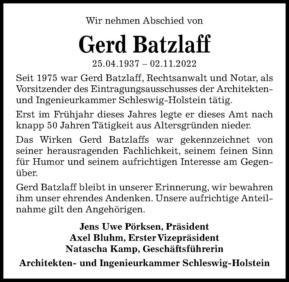  Traueranzeige für Gerd Batzlaff vom 16.11.2022 aus Kieler Nachrichten