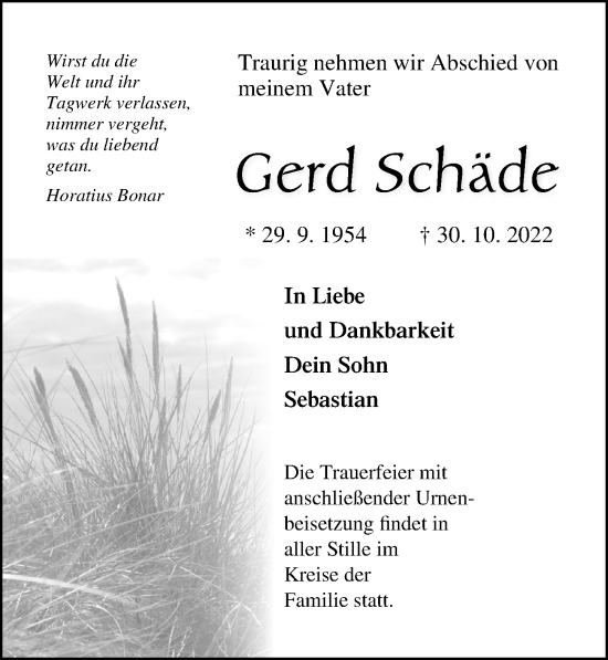 Traueranzeige von Gerd Schäde von Ostsee-Zeitung GmbH