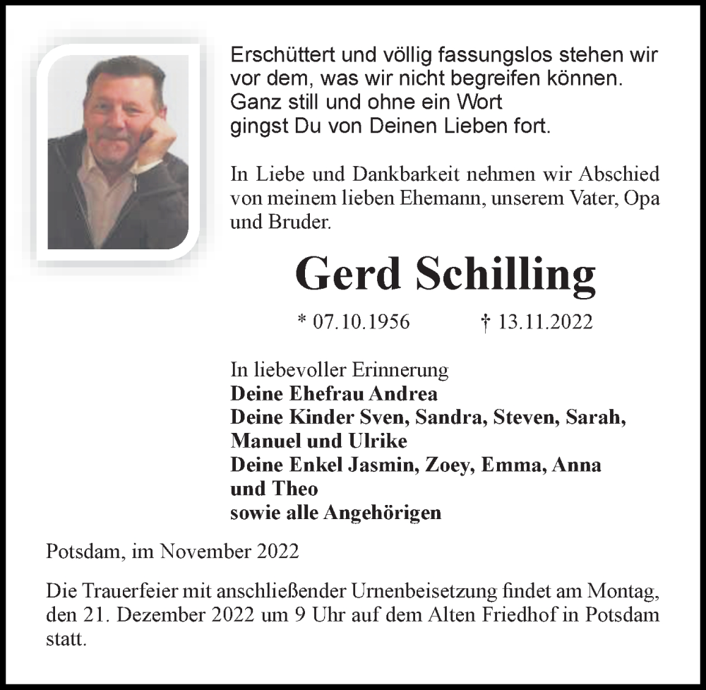  Traueranzeige für Gerd Schilling vom 26.11.2022 aus Märkischen Allgemeine Zeitung