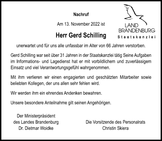 Traueranzeige von Gerd Schilling von Märkischen Allgemeine Zeitung