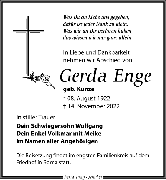 Traueranzeige von Gerda Enge von Leipziger Volkszeitung