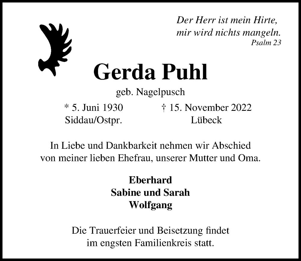  Traueranzeige für Gerda Puhl vom 20.11.2022 aus Lübecker Nachrichten